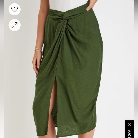 Lulus Sunny Day Memories Olive Green Twist-Front Midi Skirt - Picture 2 of 4